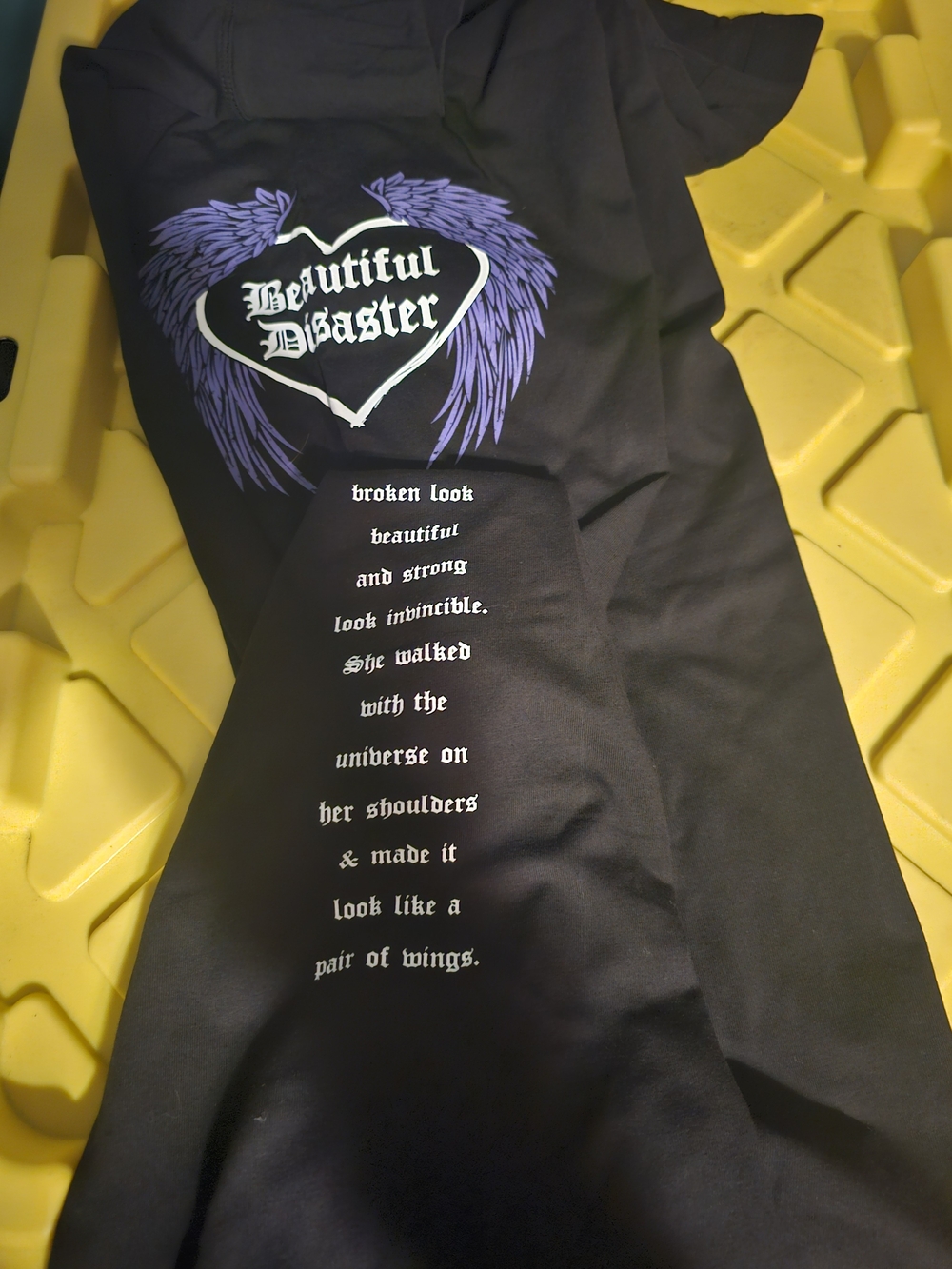 Beautiful Disaster Women's Black Leggings with Purple Wing Graphic